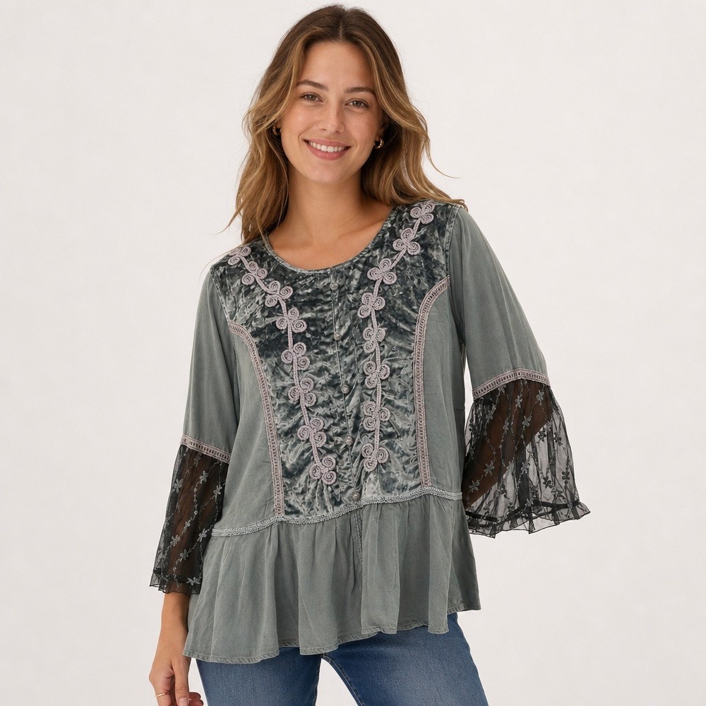 Indigo Thread Sage Green Velvet Embroidered Lace Bell Sleeve Peplum Top 1X